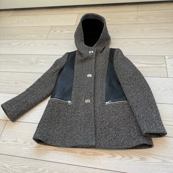 Sandro Paris 36 wool cowhide leather peacoat jacket grey black tweed luxury fall - Picture 2 of 12